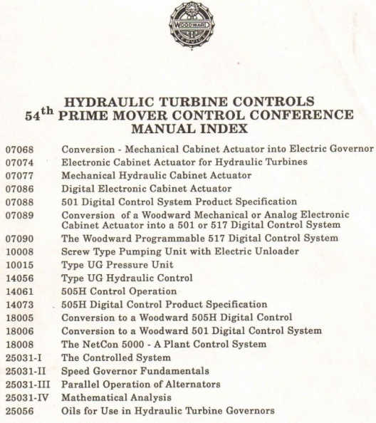 Woodward hydraulic turbine controls 54th prime mover control conference  ca  1991